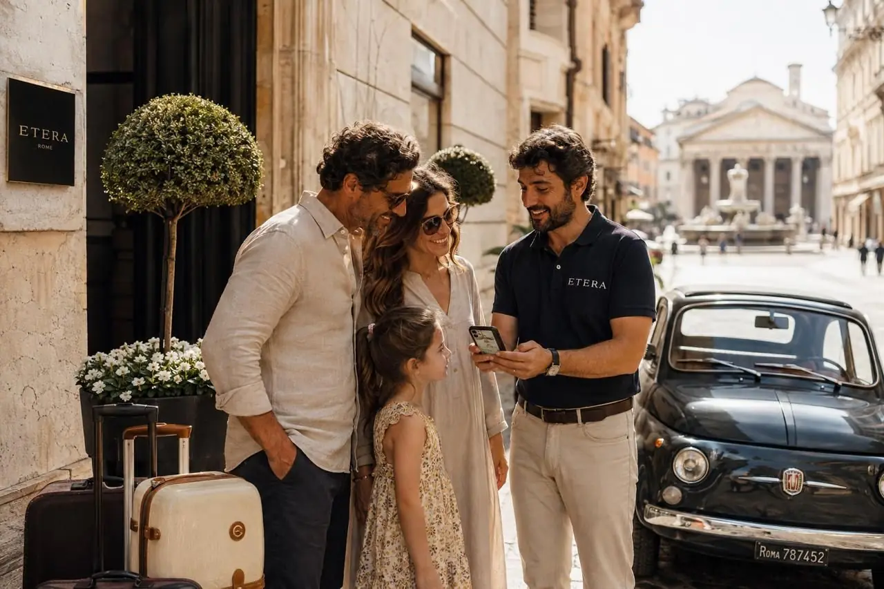 An Etera guide in a branded polo shows the day's plan on his phone to a couple and their young daughter, outside an Etera Rome doorway beside a black vintage Fiat 500, with the Pantheon and its fountain down the street behind them.